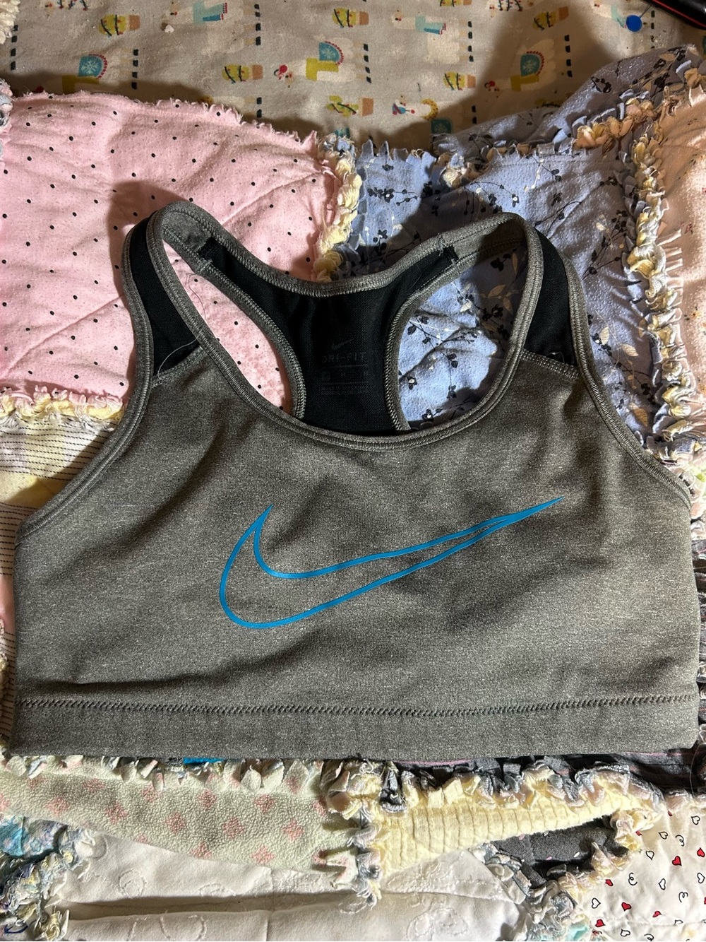 Nike Dri Fit Women’s Racerback Style Gray Sports Bra W/Bright Blue Swoosh, Sz M